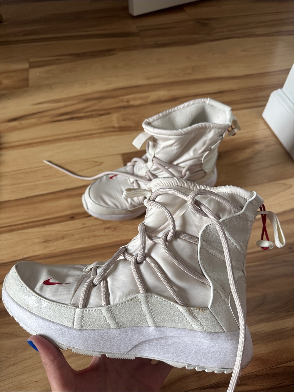 Nike Women's Cream-White High-Top Winter Boots with Red Swoosh